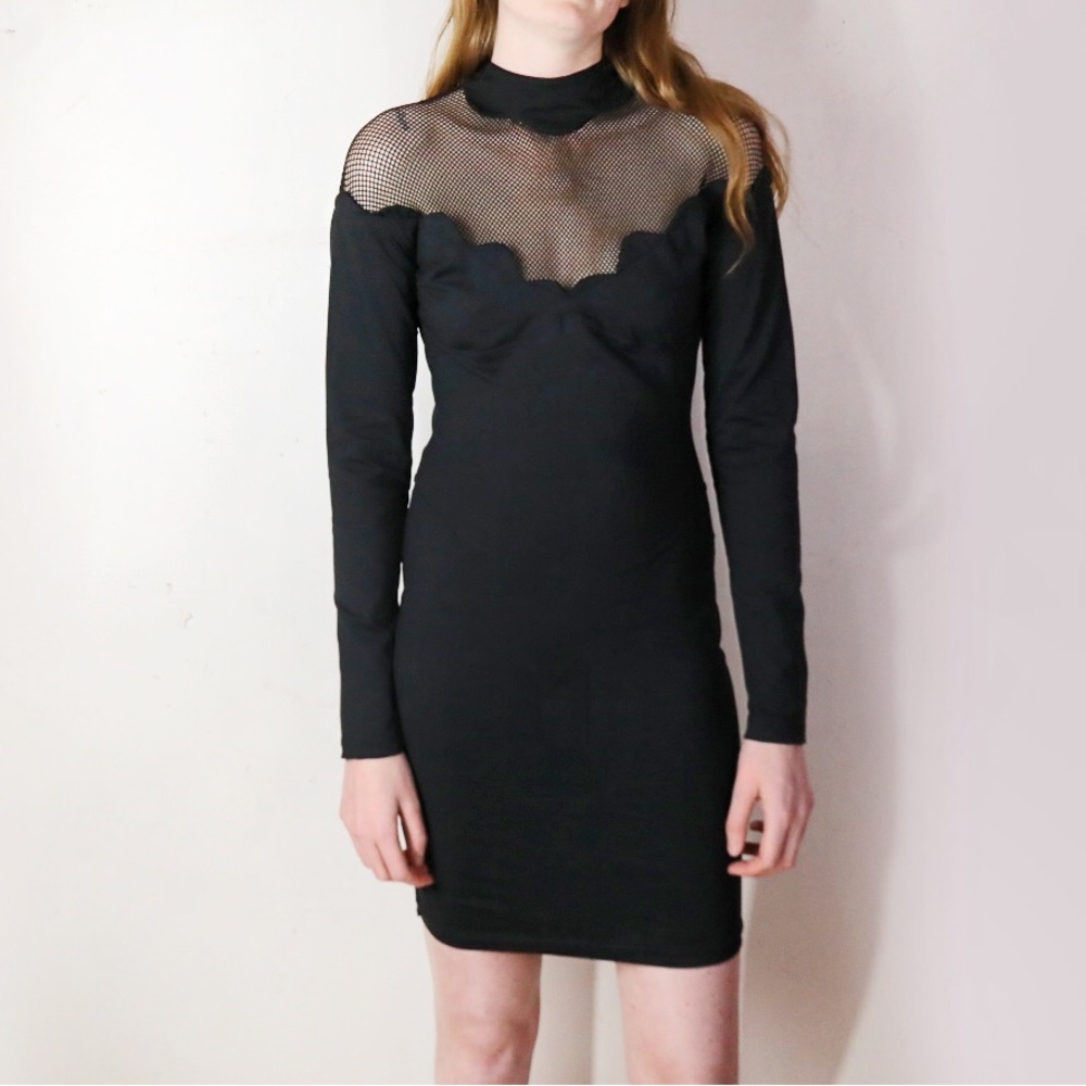 RARE Vintage Late 80s 90s Thierry Mugler ACTIV Black Mesh Long Sleeve Midi Dress